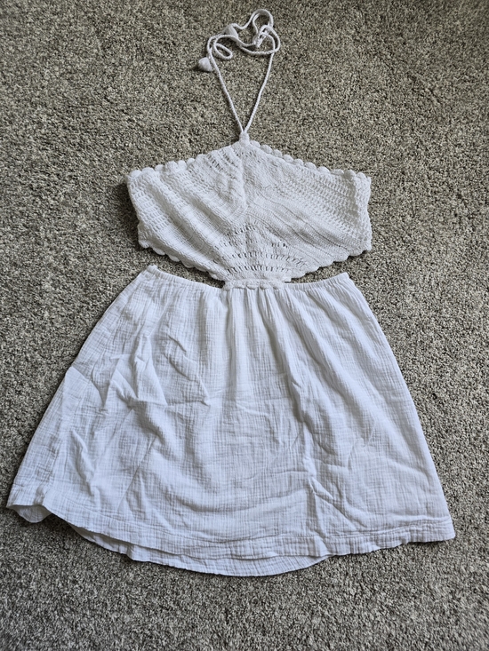 aerie Dresses & Skirts - aerie White Crocheted Halter Mini Dress with Gauze Skirt